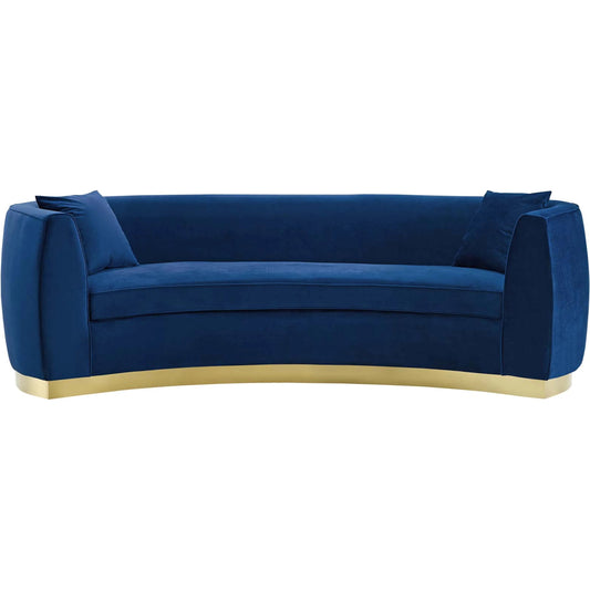Marin Curved Sofa by Evans & Londeen. Made from brushed stainless steel with golden color, foam in 2 layer 4in, 0.5in, 1 layer 200g polyester wadding, yuhua velvet, 100% polyester, 2 matching pillows, plywood, wood frame, pp 
