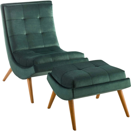 Hotwells Lounge Chair and Ottoman Set by Evans & Londeen in green. Made from seat cushion is 67lbs, m3, m3 density foam, m3 density foam. seat, back cushions are unremovable, 100% polyester yuhua fabric, solid wood, plywood, 