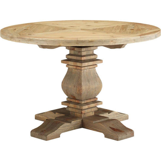 Aurora Round Dining Table by Evans & Londeen in brown. Made from old pine with pattern, brown wood in a traditional style.