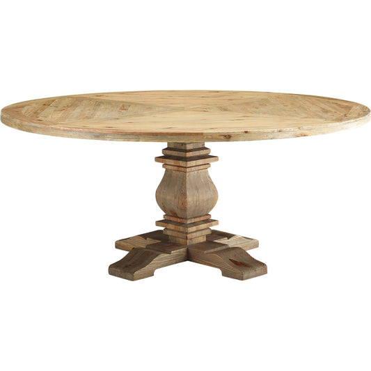 Aurora Round Dining Table by Evans & Londeen in brown. Made from old pine with pattern, brown wood in a traditional style.