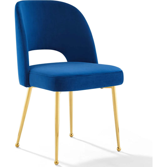 Alamosa Upholstered Velvet Dining Chair by Evans & Londeen. Made from bottom 0.5int plywood, top 0.5int plywood, foam w, m3, 0.5int bentwood, 1int density 89lbs, 100% polyester, stainless steel tube chromed gold color, 4pcs p