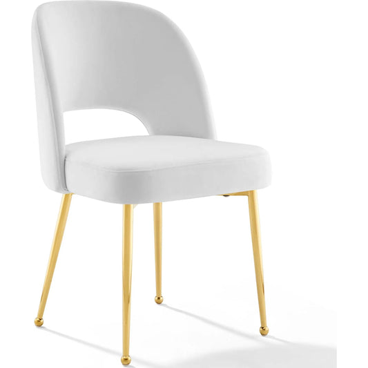 Alamosa Upholstered Velvet Dining Chair by Evans & Londeen. Made from bottom 0.5int plywood, top 0.5int plywood, foam w, m3, 0.5int bentwood, 1int density 89lbs, 100% polyester, stainless steel tube chromed gold color, 4pcs p