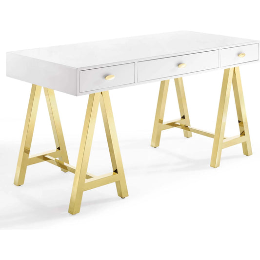 Aguadilla Office Desk by Evans & Londeen in gold white. Made from eei-3861-gld-whi-1: top 15mmt mdfwith white high gloss painting, .eei-3861-gld-whi-2: #201 stainless steel with size 40*40*1.2, chrome gold, 8 pcs pf foot pins