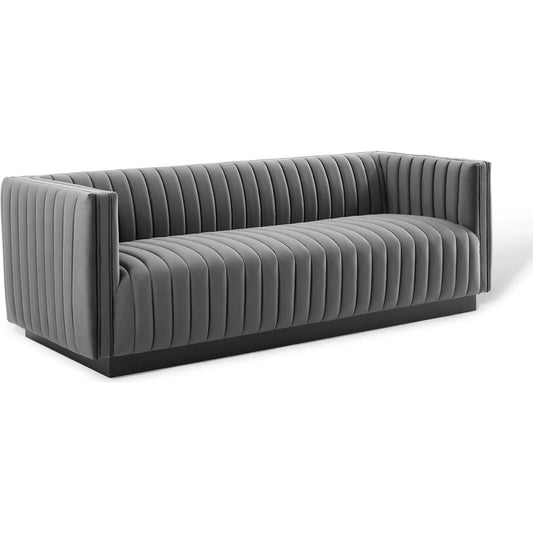 Stone Channel Sofa by Evans & Londeen in gray. Made from spring pocket inside the seat cushion, seat cushion foam density 28kgs, m3, yuhua velvet fabric, polyester, solid wood frame in a modern style.