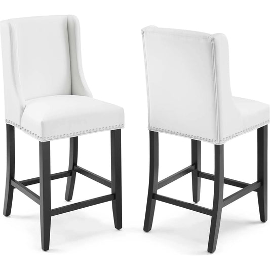 St. Albans Counter Stool (Set of 2) by Evans & Londeen in white. Made from webbing, zig zag spring, foam, pu leather, fabric, seat cushion: 723 density foam, back cushion: 720 densit foambrown foot glide, rubber wood, mdf, c