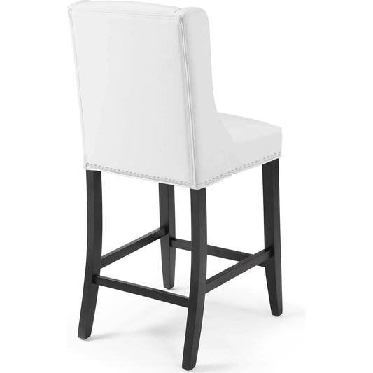St. Albans Counter Stool (Set of 2) by Evans & Londeen in white. Made from webbing, zig zag spring, foam, pu leather, fabric, seat cushion: 723 density foam, back cushion: 720 densit foambrown foot glide, rubber wood, mdf, chai