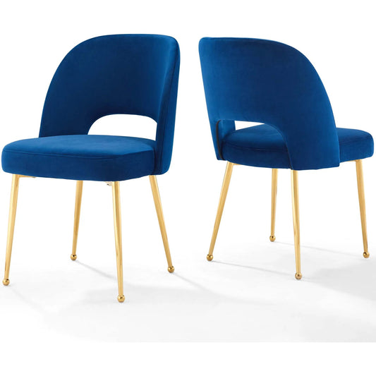 Alamosa Upholstered Velvet Dining Chair (Set of 2) by Evans & Londeen. Made from bottom 0.5int plywood, top 0.5int plywood, foam w, m3, 0.5int bentwood, 1int density 89lbs, 100% polyester, stainless steel tube chromed gold c