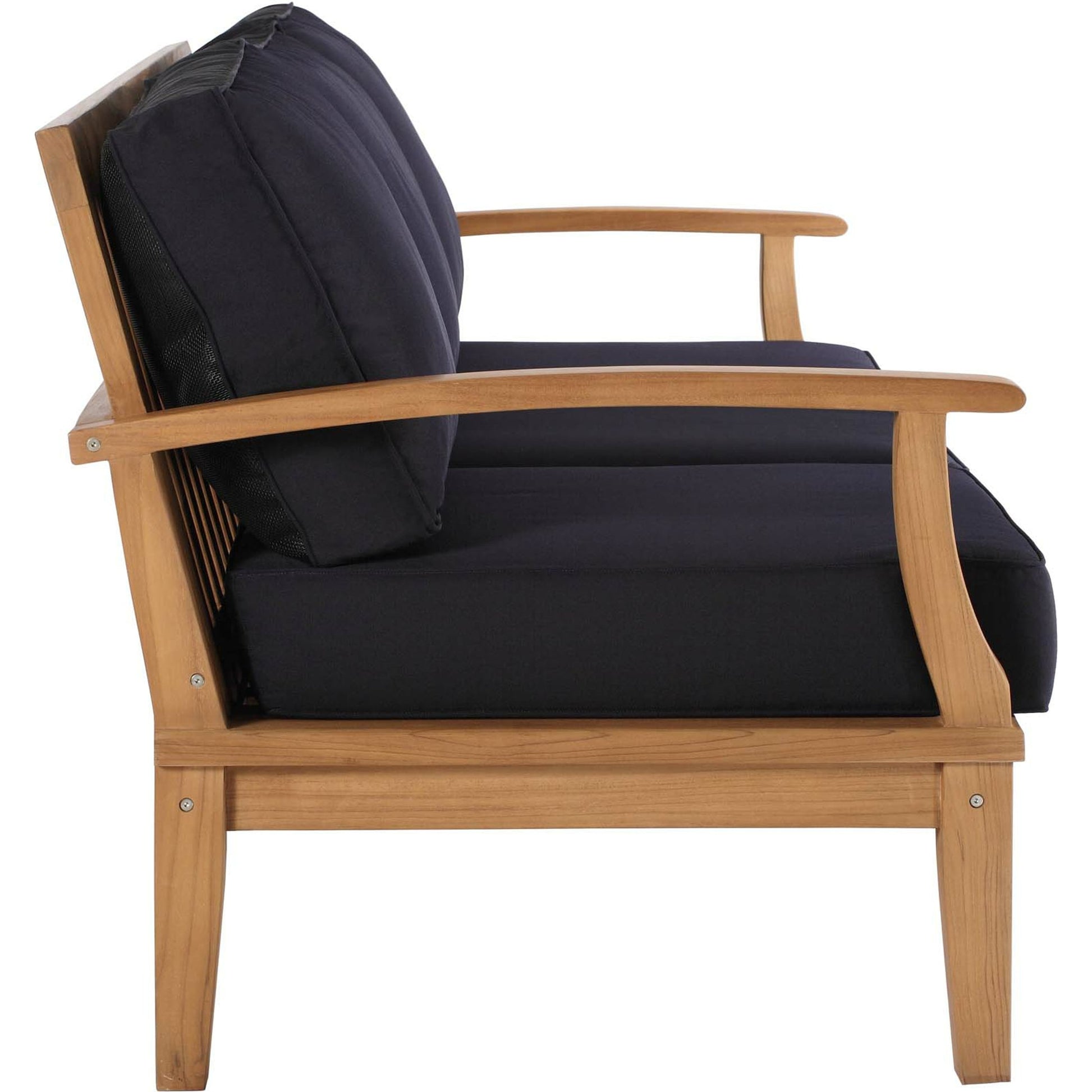 Andover Teak Sofa by Evans & Londeen. Made from density 22 foam in a coastal style.