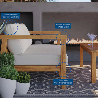 Ellie Teak Wood 2-Seater Loveseat by Evans & Londeen in natural white. Made from fabric cartenza 130, foam density 22 in a modern style.