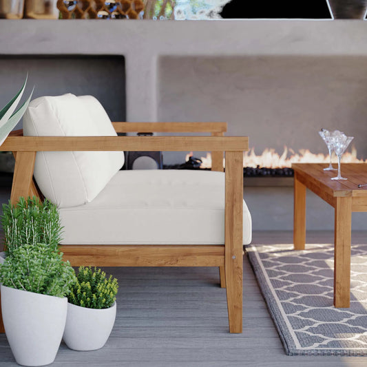 Ellie Teak Wood 2-Seater Loveseat by Evans & Londeen in natural white. Made from fabric cartenza 130, foam density 22 in a modern style.