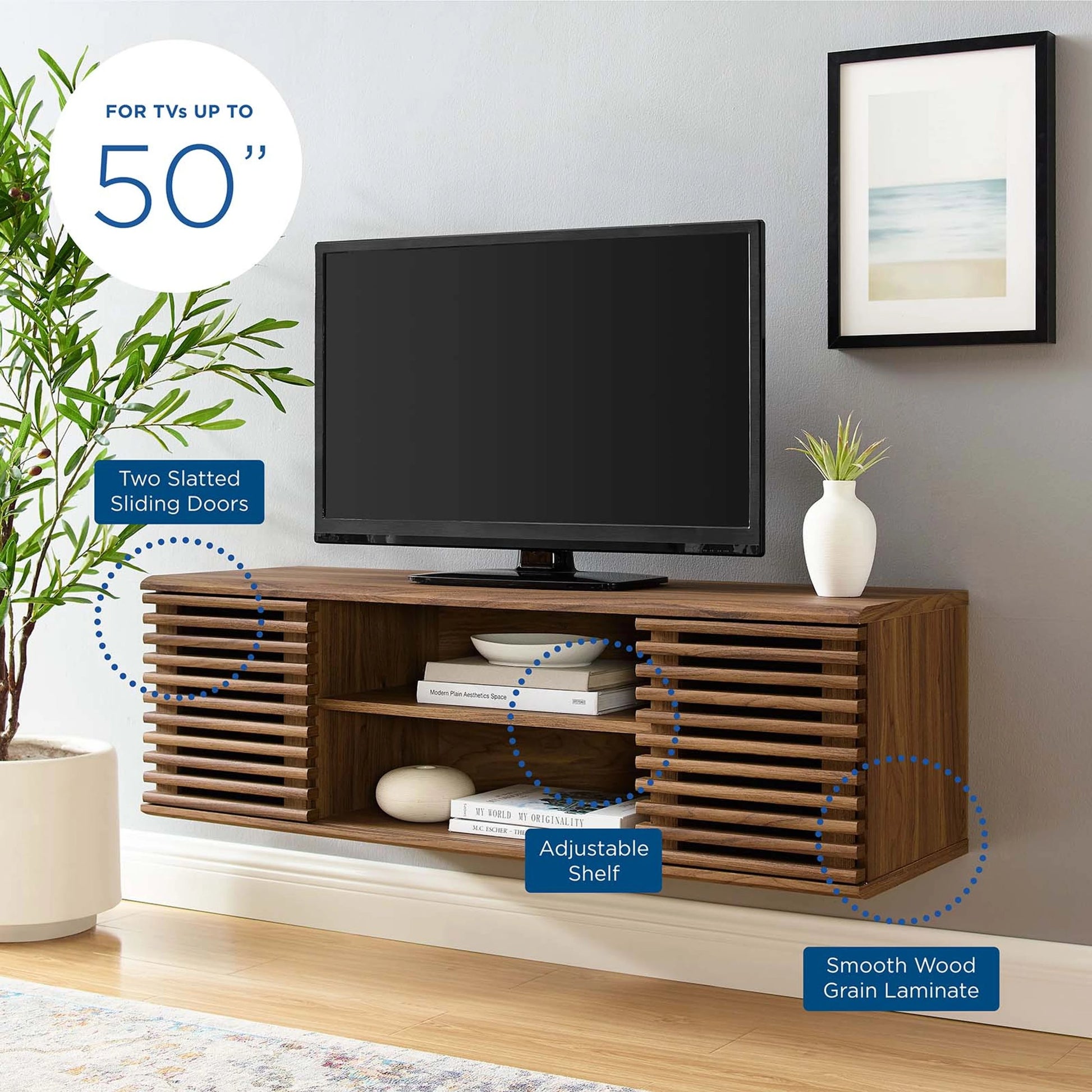 Rennell 46" Wall-Mount Media Console TV Stand by Evans & Londeen in walnut. Made from hcl pp df, mdf, polypropylene in a modern style.
