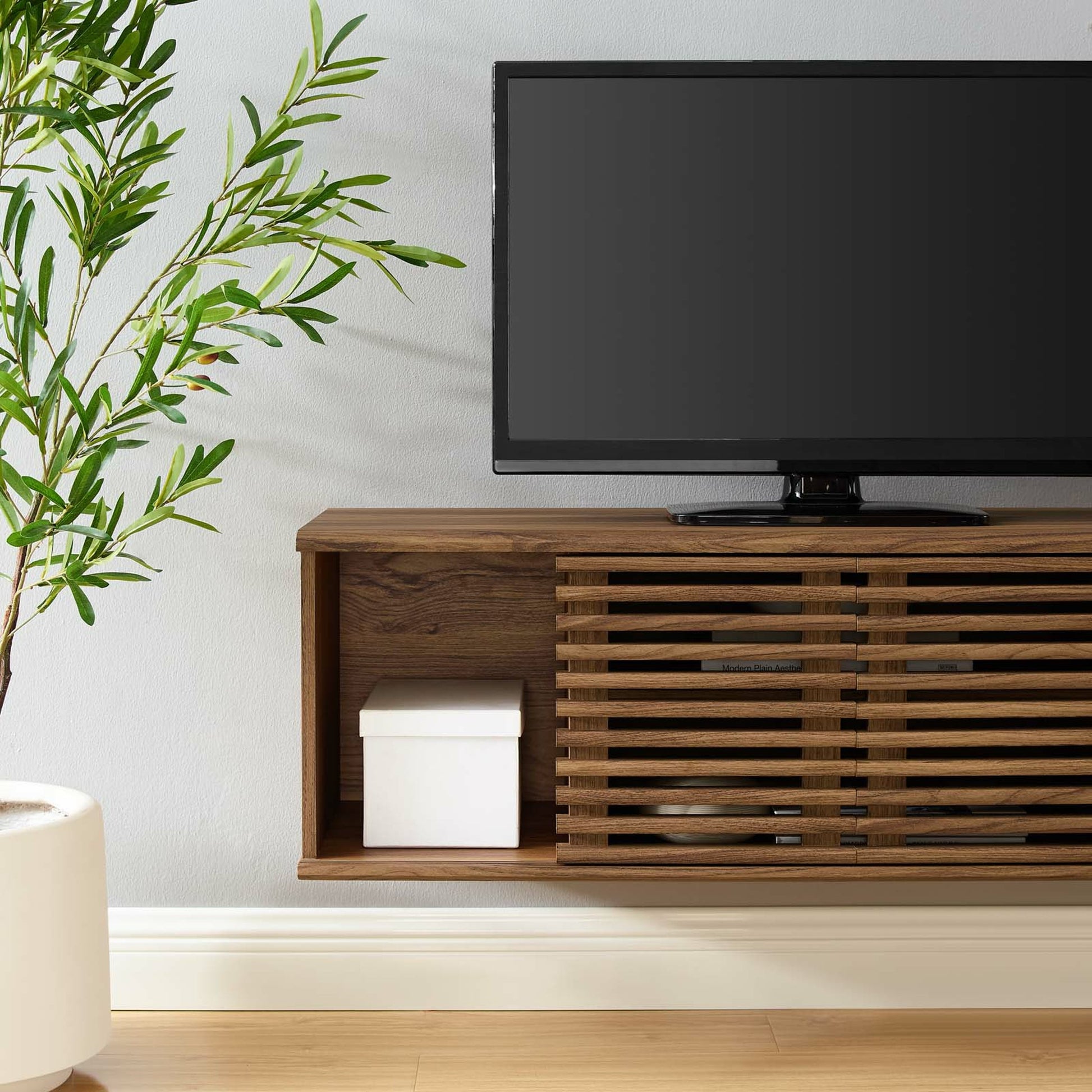 Rennell 46" Wall-Mount Media Console TV Stand by Evans & Londeen in walnut. Made from hcl pp df, mdf, polypropylene in a modern style.
