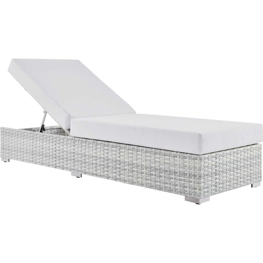 Amelia Chaise by Evans & Londeen. Made from seat cushion is 30*47*5 in, seat cusion: all the nov-woven bags are waterproof. 6pcs polished 201 stainless steel l leg with size 4.5*4.5*1in. 2pcs #201 stainless steel support leg