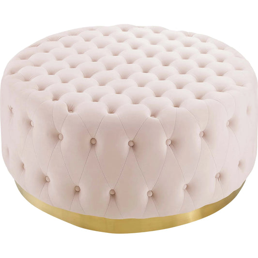 Davison Round Ottoman by Evans & Londeen in pink. Made from brushed stainless steel with golden color with size dia 930*60h*1.2mmt, 100% polyester, plywood, wood frame, 4pcs of pp foot caps in white, button dia 4.5mm, space: