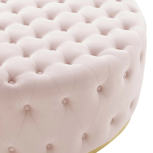 Davison Round Ottoman by Evans & Londeen in pink. Made from brushed stainless steel with golden color with size dia 930*60h*1.2mmt, 100% polyester, plywood, wood frame, 4pcs of pp foot caps in white, button dia 4.5mm, space:11c
