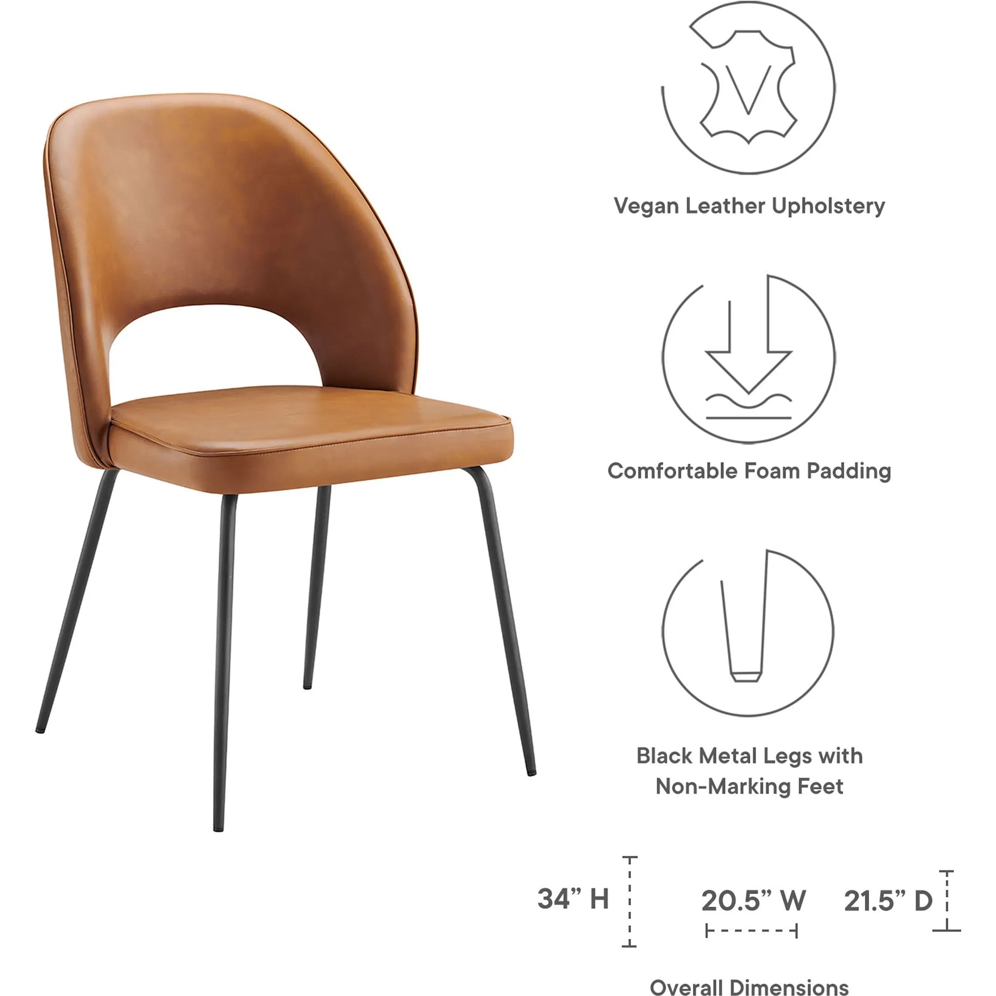 Piscataquis Vegan Dining Chair (Set of 2) by Evans & Londeen in black tan. Made from metal painting frame for back, seat. seat board is15mmt plywood board, foam density 20kg, m3, 100% polyester, tube size φ19*1.2mm, bottom with adjusta