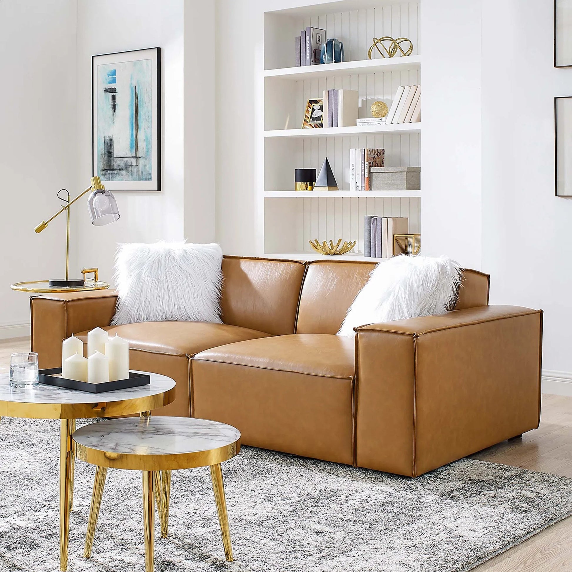 Kendall Vegan Loveseat by Evans & Londeen in tan. Made from foam density is 30kg, m3, 100% polyester, legs rubberwood, pine solid wood in a modern style.