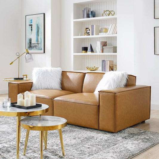 Kendall Vegan Loveseat by Evans & Londeen in tan. Made from foam density is 30kg, m3, 100% polyester, legs rubberwood, pine solid wood in a modern style.