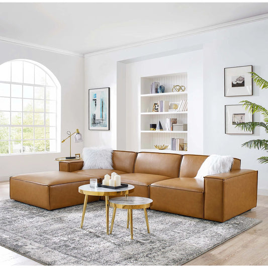 Kendall 4-Piece Vegan Sectional Sofa by Evans & Londeen in tan. Made from foam density is 30kg, m3, 100% polyester, legs rubberwood, pine solid wood in a modern style.