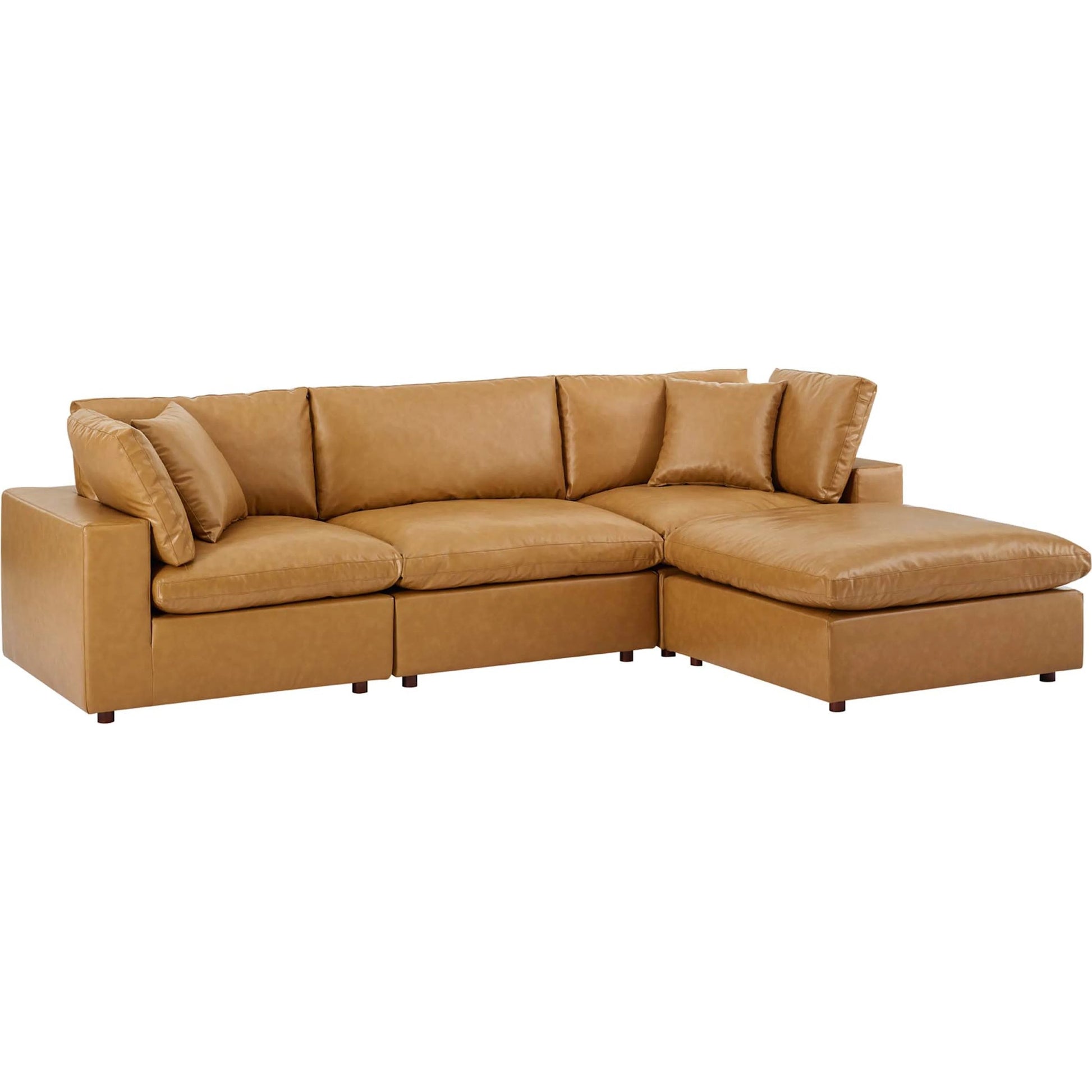 Wheatland Down Filled Overstuffed Vegan 4-Piece Sectional Sofa by Evans & Londeen in tan. Made from solid wood, plastic foot pad, spring pocket, m3 density foam, seat cushion: doll cotton 50%, down feather 50% in a modern st