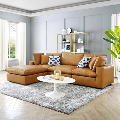 Wheatland Down Filled Overstuffed Vegan 4-Piece Sectional Sofa by Evans & Londeen in tan. Made from solid wood, plastic foot pad, spring pocket, m3 density foam, seat cushion: doll cotton 50%, down feather 50% in a modern style