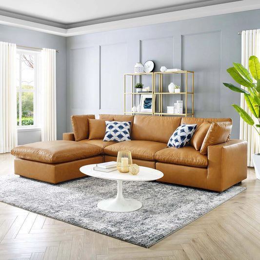 Wheatland Down Filled Overstuffed Vegan 4-Piece Sectional Sofa by Evans & Londeen in tan. Made from solid wood, plastic foot pad, spring pocket, m3 density foam, seat cushion: doll cotton 50%, down feather 50% in a modern style