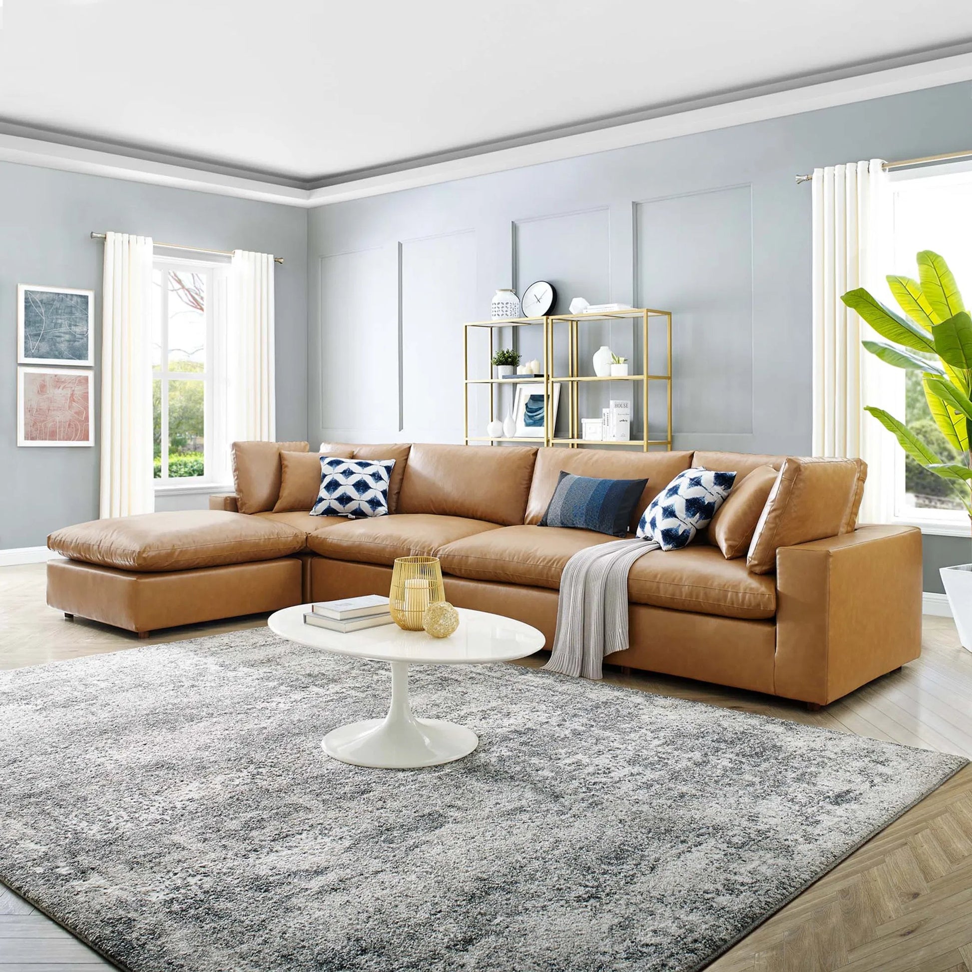 Wheatland Down Filled Overstuffed Vegan 5-Piece Sectional Sofa by Evans & Londeen in tan. Made from solid wood, plastic foot pad, spring pocket, m3 density foam, seat cushion: doll cotton 50%, down feather 50% in a modern style