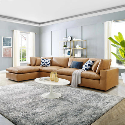 Wheatland Down Filled Overstuffed Vegan 5-Piece Sectional Sofa by Evans & Londeen in tan. Made from solid wood, plastic foot pad, spring pocket, m3 density foam, seat cushion: doll cotton 50%, down feather 50% in a modern style