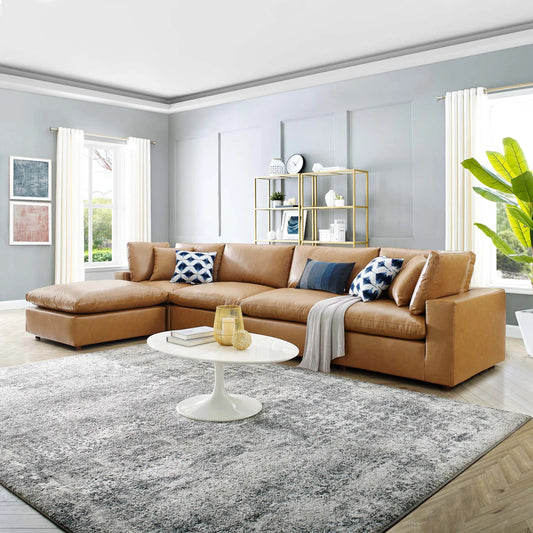 Wheatland Down Filled Overstuffed Vegan 5-Piece Sectional Sofa by Evans & Londeen in tan. Made from solid wood, plastic foot pad, spring pocket, m3 density foam, seat cushion: doll cotton 50%, down feather 50% in a modern style