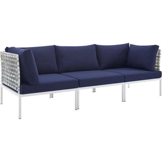 Bakewell Sunbrella(r) Basket Weave Aluminum Sofa by Evans & Londeen in taupe navy. Made from back cushion is 1300g polyester fiber, 1000g polyester fiber.cushion : 2cmt 300g silk wadding in up, down, m3 density foam in the m