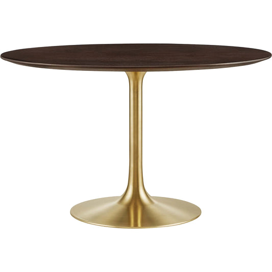Halstead 47" Wood Dining Table by Evans & Londeen in gold cherry walnut. Made from powder coated steel with white high gloss finish, cement inside of the round metal sheet, water proof eva for bottom, 2.5cm mdf painted wood 