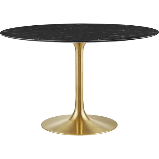 Halstead 47" Artificial Marble Dining Table by Evans & Londeen in gold black. Made from faux marble, back connected with 2.5cm mdf board, powder coated steel with white high gloss finish, cement inside of the round metal she