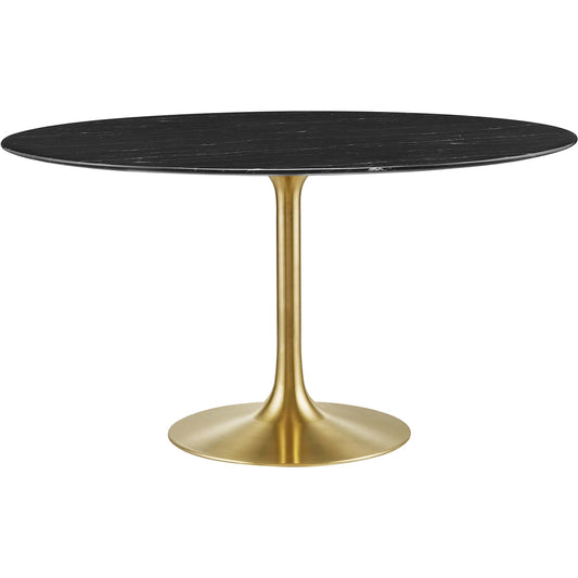 Halstead 54" Artificial Marble Dining Table by Evans & Londeen in gold black. Made from faux marble, back connected with 2.5cm mdf board, powder coated steel with white high gloss finish, cement inside of the round metal she
