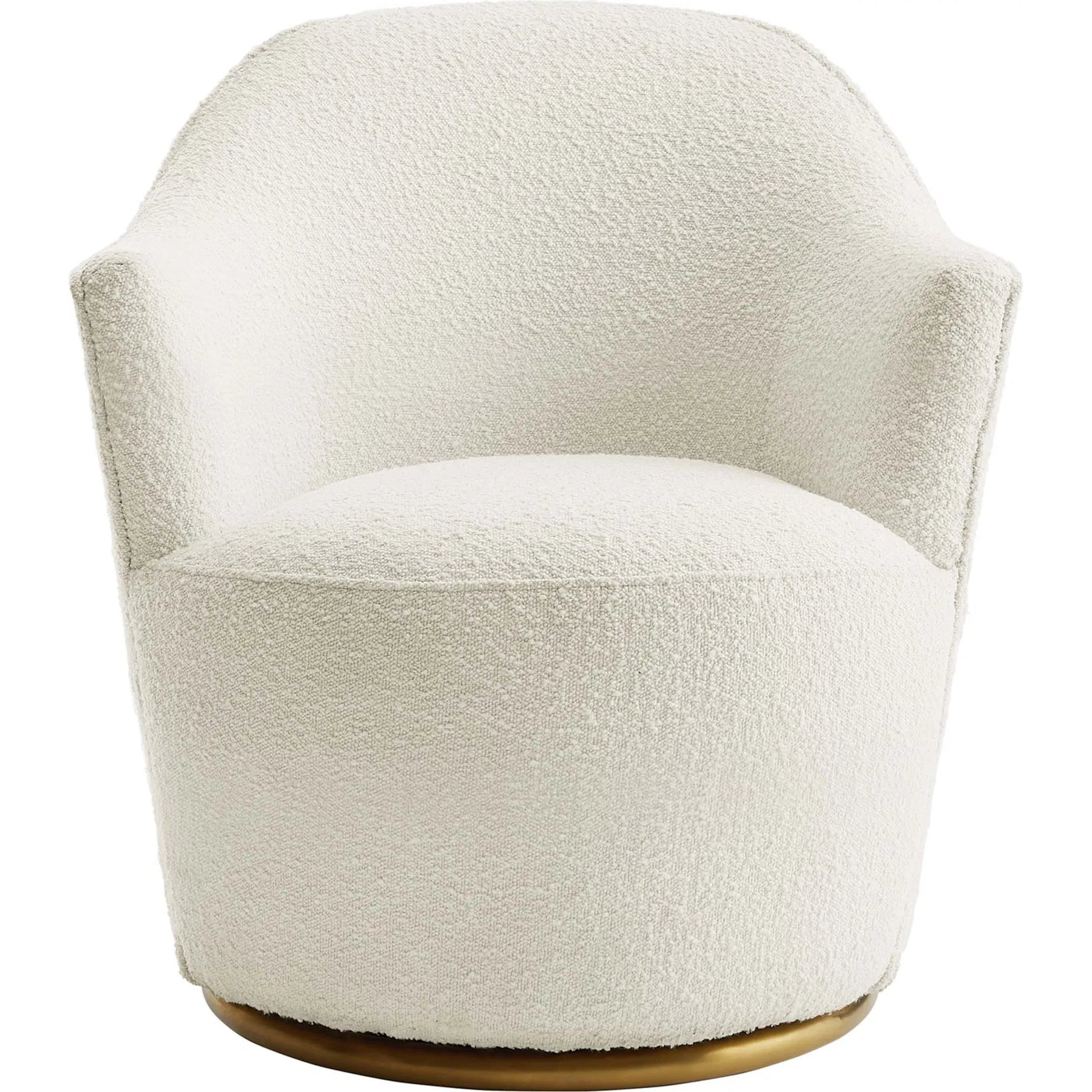 Cherokee Boucle Swivel Chair by Evans & Londeen in white. Made from seat cushion: 13mmt foam (28kgs, spring pocket, no-sag spring, back:elastic bandage, 2 layer foam of 3mmt, 2mmt with density (28kgs, plywood, stainless steel base in b