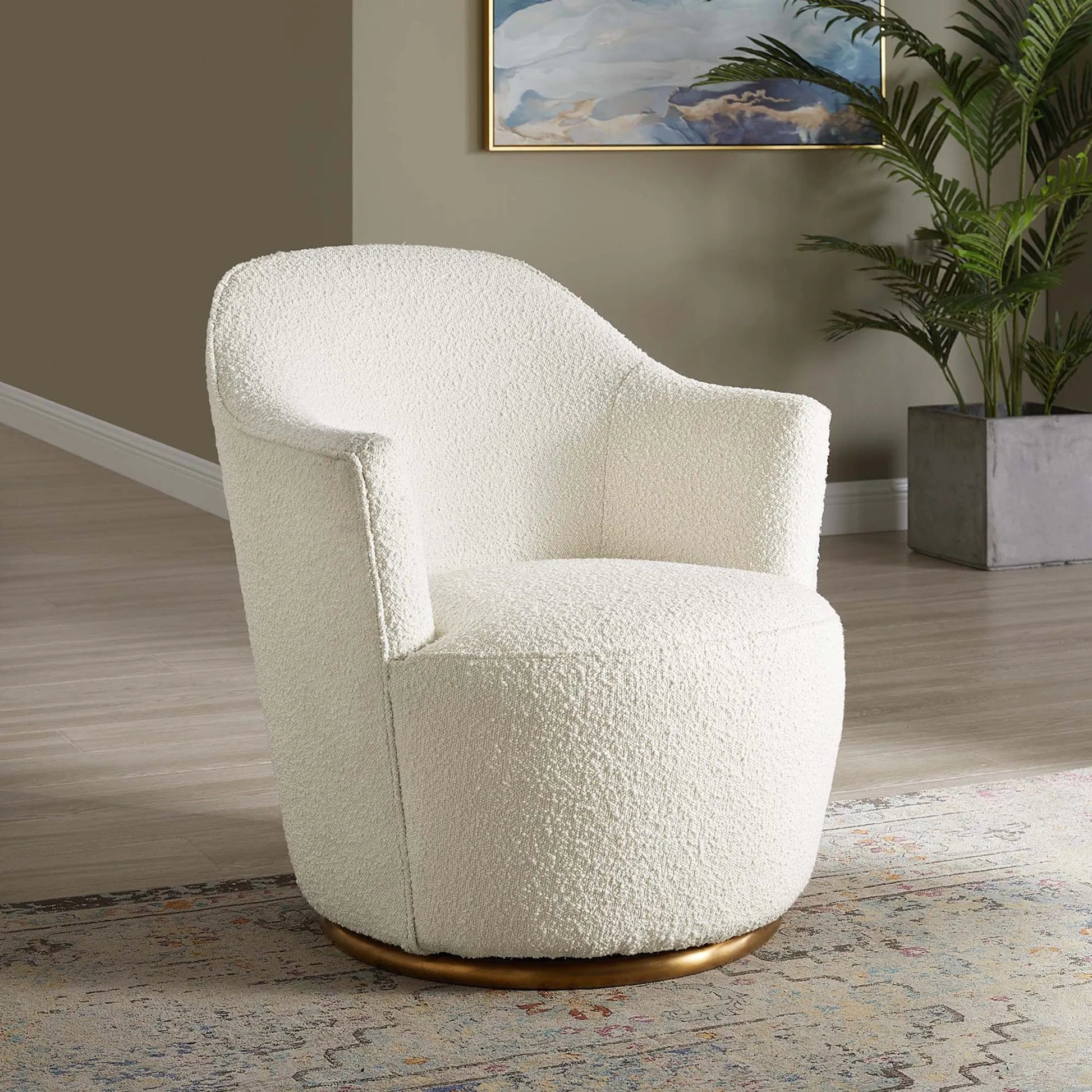 Cherokee Boucle Swivel Chair by Evans & Londeen in white. Made from seat cushion: 13mmt foam (28kgs, spring pocket, no-sag spring, back:elastic bandage, 2 layer foam of 3mmt, 2mmt with density (28kgs, plywood, stainless steel base in b