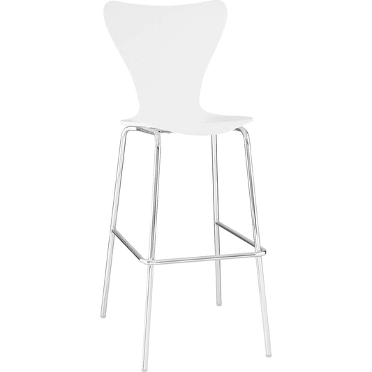 Aiden Wood Bar Stool by Evans & Londeen in white. Made from painted bentwood plywood, artificial walnut veneer, chrome-plated steel leg in a modern style.