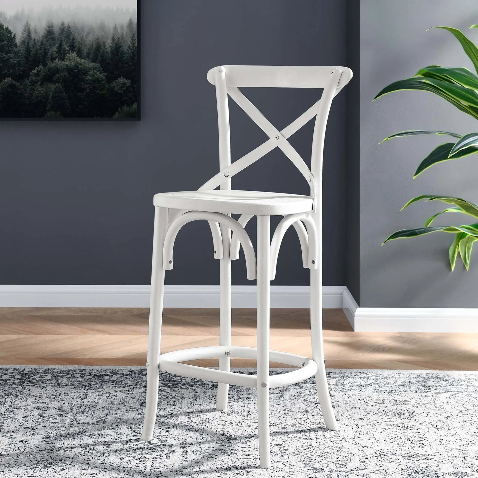 Easton Counter Stool by Evans & Londeen. Made from seat board is chinese elm wood, white foot pins in a transitional style.
