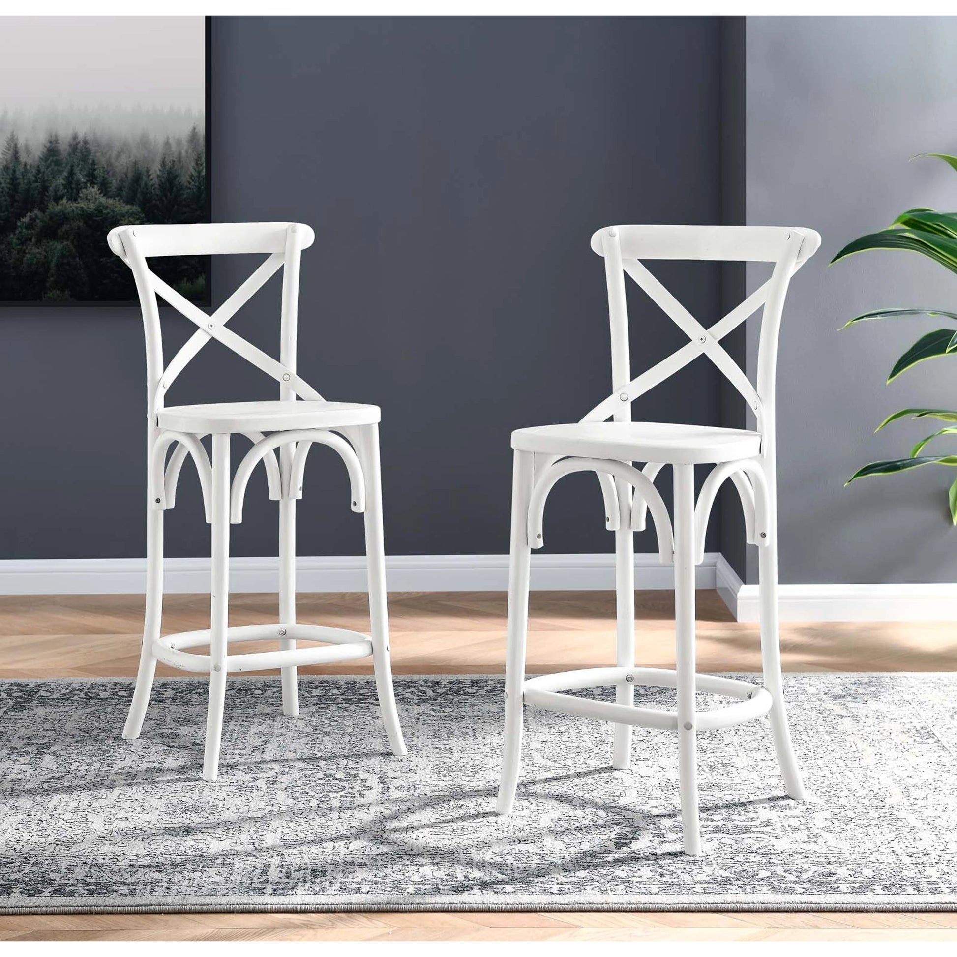 Easton Counter Stool by Evans & Londeen. Made from seat board is chinese elm wood, white foot pins in a transitional style.