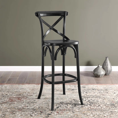 Easton Bar Stool by Evans & Londeen. Made from seat board is chinese elm wood, white foot pins in a transitional style.
