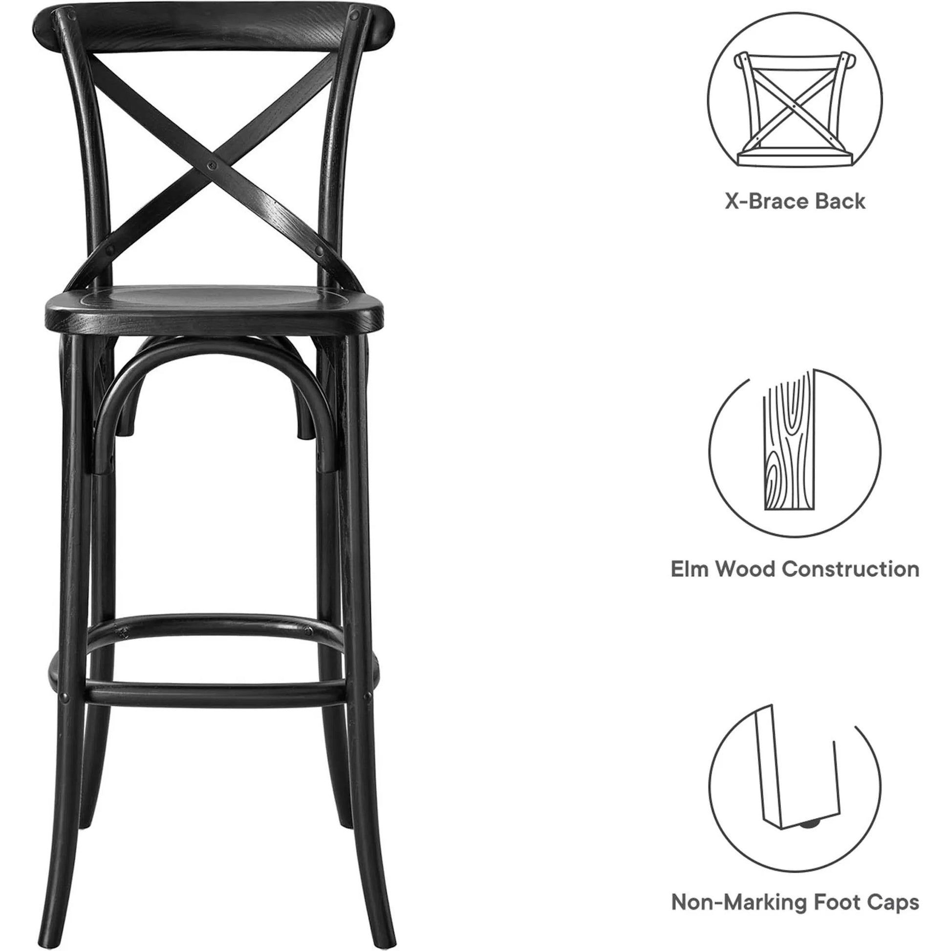 Easton Bar Stool by Evans & Londeen. Made from seat board is chinese elm wood, white foot pins in a transitional style.