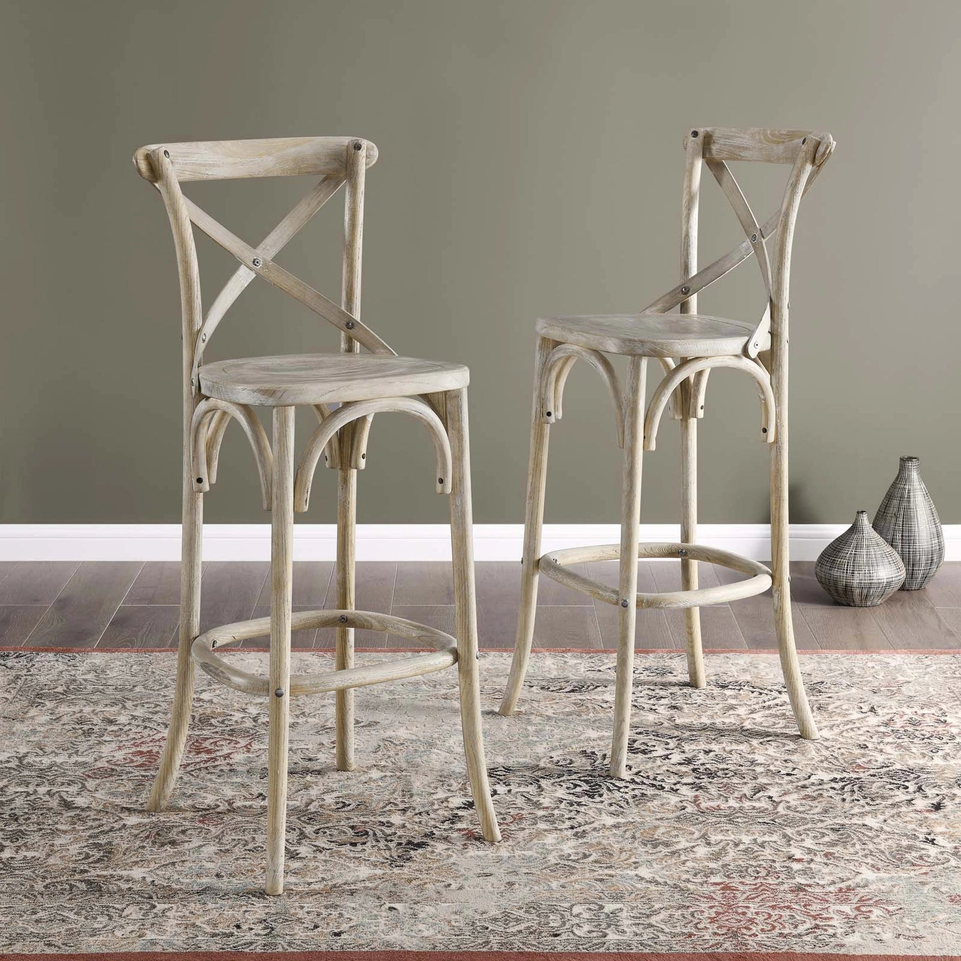 Easton Bar Stool by Evans & Londeen. Made from seat board is chinese elm wood, white foot pins in a transitional style.