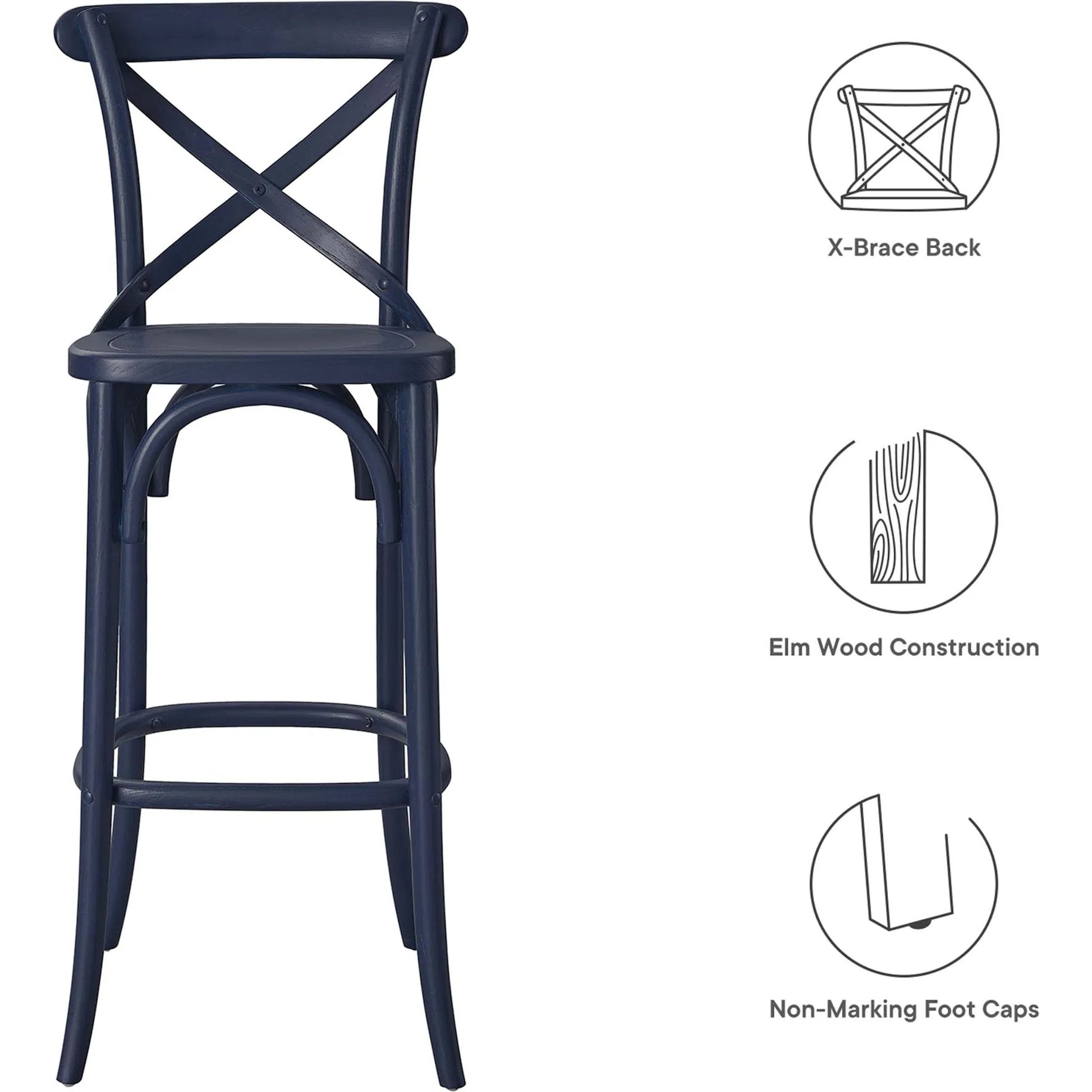 Easton Bar Stool by Evans & Londeen. Made from seat board is chinese elm wood, white foot pins in a transitional style.
