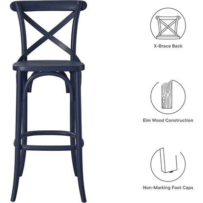 Easton Bar Stool by Evans & Londeen. Made from seat board is chinese elm wood, white foot pins in a transitional style.