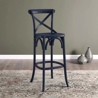 Easton Bar Stool by Evans & Londeen. Made from seat board is chinese elm wood, white foot pins in a transitional style.