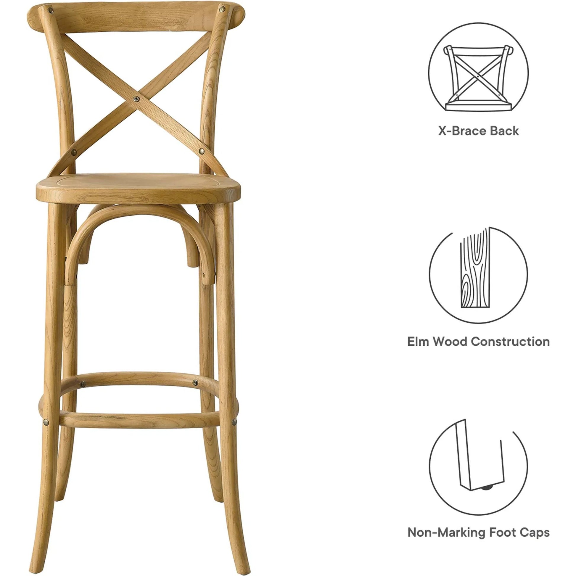 Easton Bar Stool by Evans & Londeen. Made from seat board is chinese elm wood, white foot pins in a transitional style.