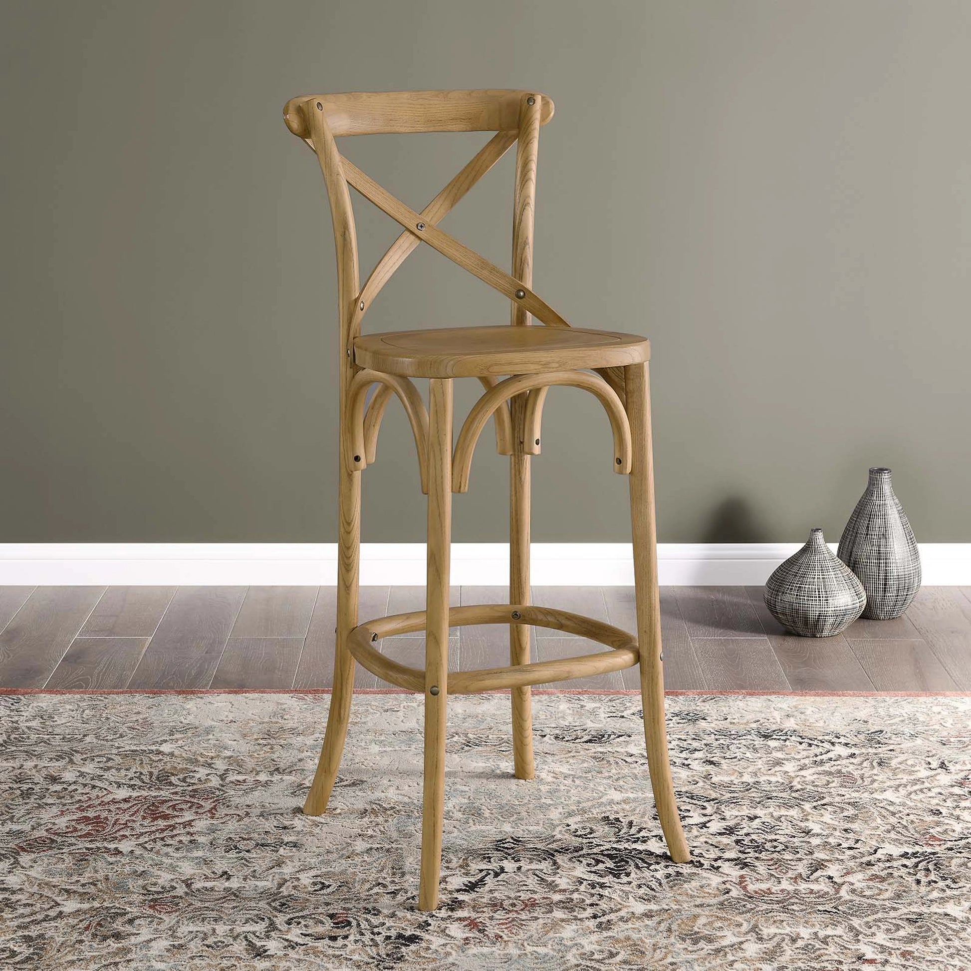 Easton Bar Stool by Evans & Londeen. Made from seat board is chinese elm wood, white foot pins in a transitional style.