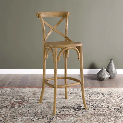 Easton Bar Stool by Evans & Londeen. Made from seat board is chinese elm wood, white foot pins in a transitional style.