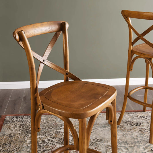 Easton Bar Stool by Evans & Londeen. Made from seat board is chinese elm wood, white foot pins in a transitional style.