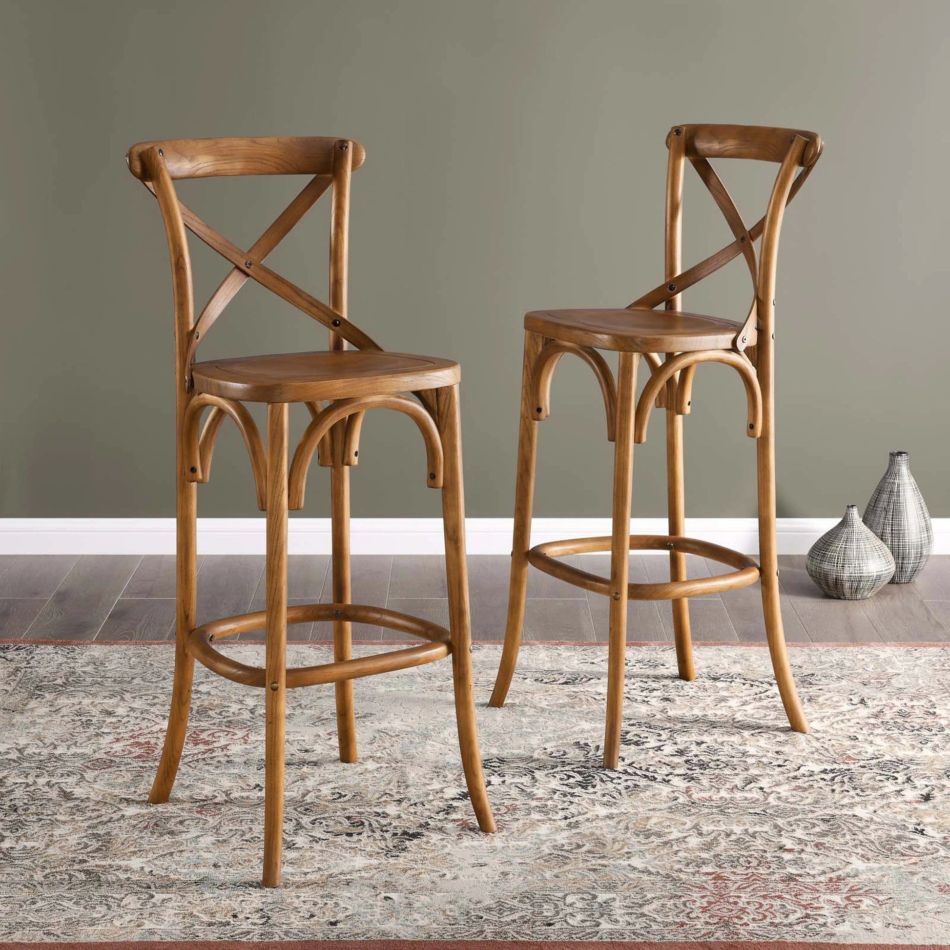 Easton Bar Stool by Evans & Londeen. Made from seat board is chinese elm wood, white foot pins in a transitional style.