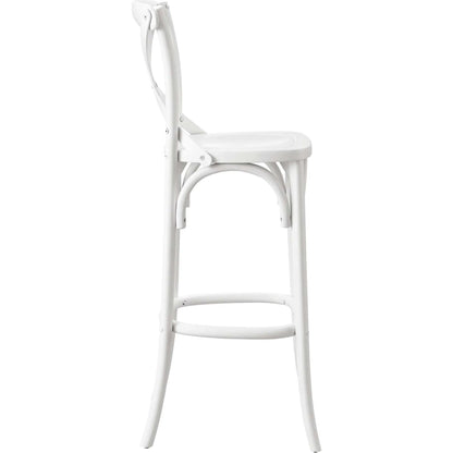 Easton Bar Stool by Evans & Londeen. Made from seat board is chinese elm wood, white foot pins in a transitional style.
